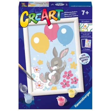 CreArt pictura pe numere pentru copii iepuras cu baloane si cu pietre sclipitoare